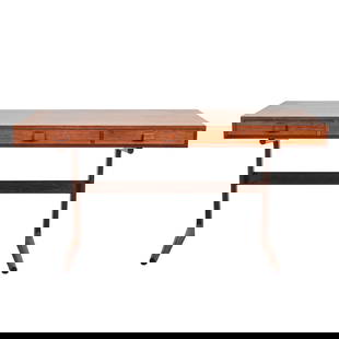 Georg Petersens Danish Mid Century Modern Cantilevered Rosewood Desk: Georg Petersens Danish Mid Century Modern Cantilevered Rosewood Desk. Rectangular top with three drawers, raised on two "L" supports with stretcher. {Approximate dimensions: 27 7