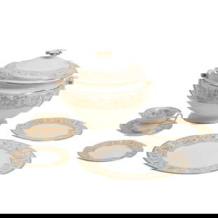 Wedgwood Bone China Golden Florentine Pattern Dinner Service: Wedgwood Bone China Golden Florentine Pattern Dinner Service.&nbsp; Comprising 12 dinner plates (10 3/4&quot; dia.), 12 salad plates (8 1/8&quot; dia.), 12 bread plates (6&quot; dia. ), 14 saucers (5