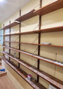 Large Assortment of Scandinavian Mid Century Modern Teak Shelf Unit Parts: Large Assortment of Scandinavian Mid Century Modern Teak Shelf Unit Parts.&nbsp; Comprising cabinet parts, shelves, support beams, etc.&nbsp; {Approximate dimensions:&nbsp; Longest beam 92&quot; long.