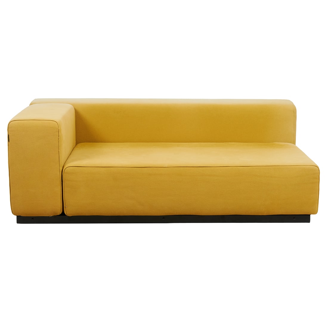 Softline "Nevada" Sofa Bed: Softline "Nevada" Sofa Bed. Pale yellow upholstery, two back cushions, in two pieces; label to underside, in two pieces. {Approximate dimensions: 30 1/2" high wit