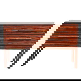 Norwegian A/S Breistein Mid Century Modern Rosewood Veneer Cabinet: Norwegian A/S Breistein Mid Century Modern Rosewood Veneer Cabinet.&nbsp; Rectangular top with four drawers, raised on base with square legs.&nbsp; Marking to the underside.&nbsp;&nbsp;{Approximate di