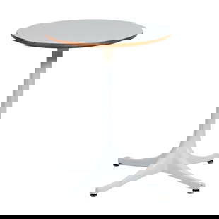 George Nelson for Herman Miller Mid Century Modern Pedestal Table: George Nelson for Herman Miller Mid Century Modern&nbsp;Pedestal Table.&nbsp; Round white formica top on white painted aluminum pedestal base with four splayed legs.&nbsp; Badge to the top underside.&