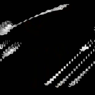 Collection of American Sterling Silver Flatware: Collection of American Sterling Silver Flatware. &nbsp;Comprising 9 International ice cream forks, 12 Reed &amp; Barton chased&nbsp;seafood forks, 1 Durgin pickle fork, 1 Gorham gravy ladle. {Approxim