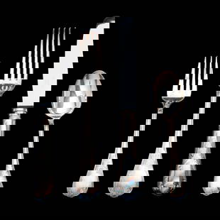 Christofle Marly Pattern Silverplated Flatware Set: Christofle Marly Pattern Silverplated Flatware Set. Comprising 8 place knives, 8 place forks, 8 salad forks, 8 teaspoons. Markings present. 