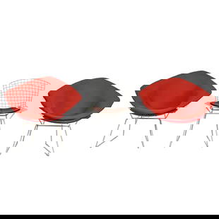 Harry Bertoia for Knoll Chairs, Two Diamond and One Side: Harry Bertoia for Knoll Chairs, Two Diamond and One Side.&nbsp; All with white coated metal frames; comprising two diamond chairs with orange/red covers and red leather seats beneath, and side chair w