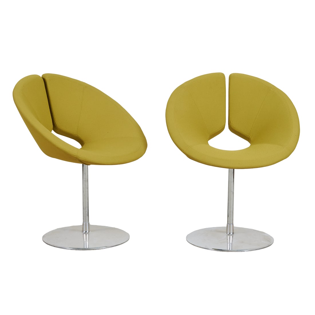 Patrick Norguet for Artifort Pair Apollo Swivel Chairs: Patrick Norguet for Artifort Pair of Apollo Swivel Chairs. Light green upholstery, round polished silver metal base. The underside with "ARTIFORT" printed fabric. {App