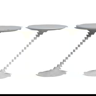 Two Mid Century Modern Tulip Side Tables Including Knoll: Two Mid Century Modern Tulip Side Tables Including Knoll. Very similar white tables, one authentic with Knoll mark and the other a copy. {Approximate dimensions: one 20 7/8&quo