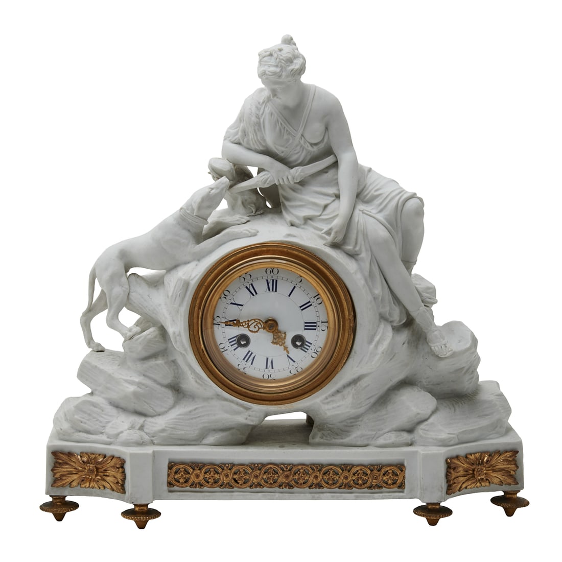 Duesbury Derby Bisque Porcelain Figural Mantel Clock: Duesbury Derby Bisque Porcelain Figural Mantel Clock, the clock works attributed to Benjamin Vulliamy, 1747-1811. The figural case with Diana as goddess with bow and arrow, perched on top with d
