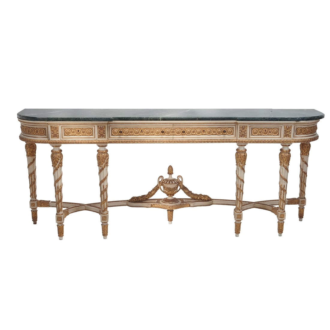 Louis XVI Style Console Table: Louis XVI Style Console Table. With shaped verde antico marble top, the base with two drawers; white painted finish with parcel gilt, decorative urn centering the stretcher. {Approximate dimensions: 3