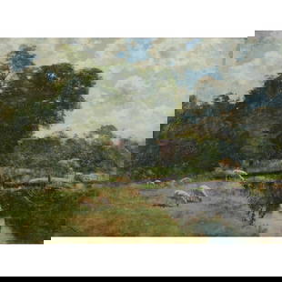 John A. Brown, Sheep Pastoral Scene, oil on canvas: JOHN APPLETON BROWN (American, 1844-1902), Sheep Pastoral Scene, oil on canvas, (approximate dimensions - sight: 22-1/8 x 30 inches,) signed lower left. Notes: Frame has wear, approximate dimensions -