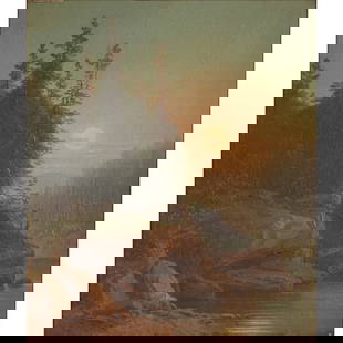 American School, Landscape, Oil on Board: American School (20th Century), Landscape by River, oil on board,&nbsp;[approximate dimensions - sight: 10&quot; H x 8 5/8&quot; W], unsigned.