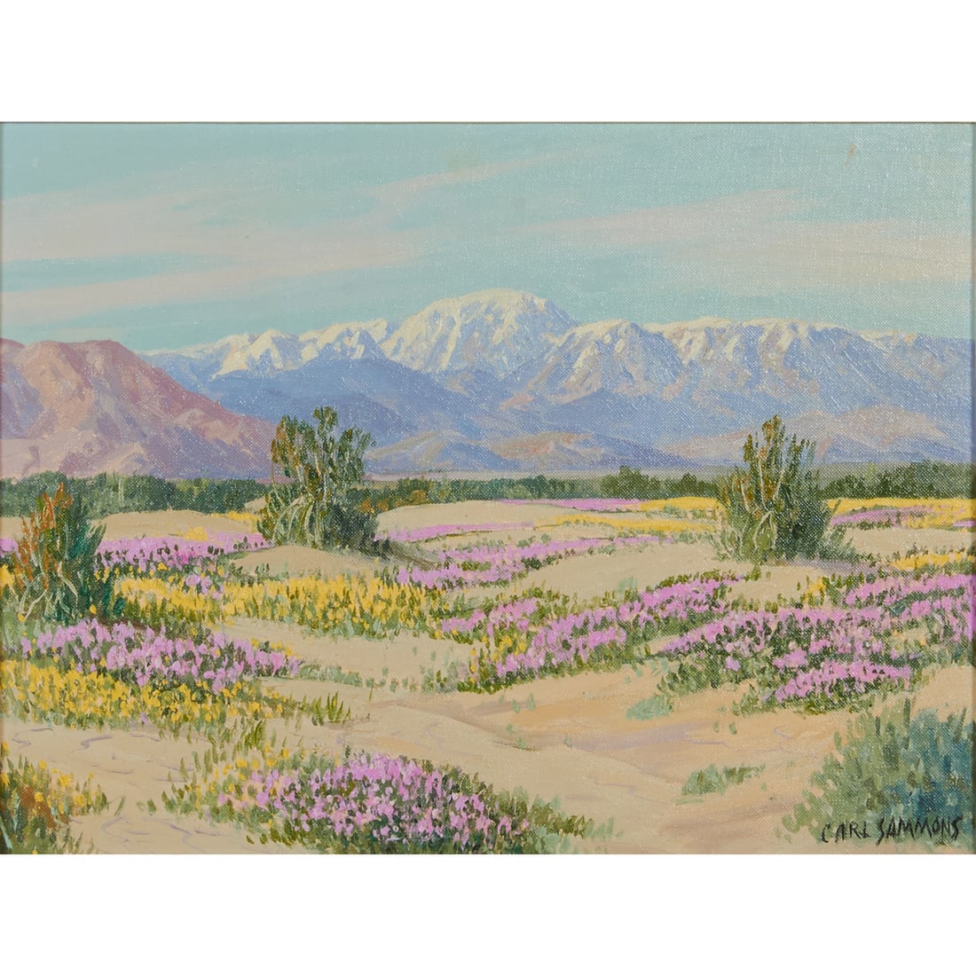 Carl Sammons, Desert in Bloom, Oil on Canvas Panel: Carl Sammons (American, 1883-1968), Desert in Bloom, oil on canvas panel, [approximate dimensions - sight: 11 5/8" H x 15 3/4" W], signed lower right.