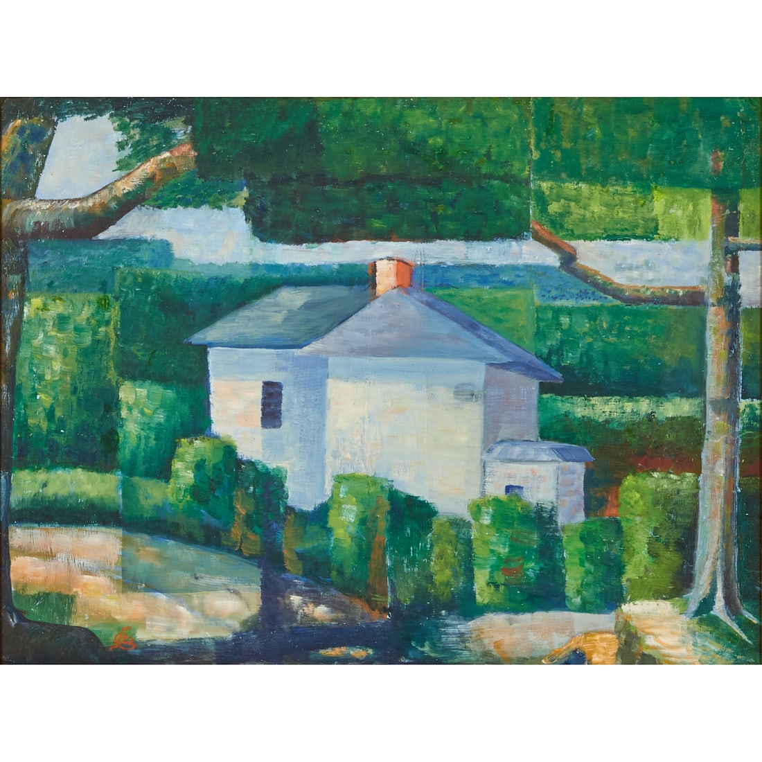 Oscar Bluemner, Landscape with House, Oil on Board: Oscar Florianus Bluemner (American, 1867-1938), Landscape with House, oil on board, [approximate dimensions - sight: 17 1/2" H x 23 3/8" W], signed monogram lower left.