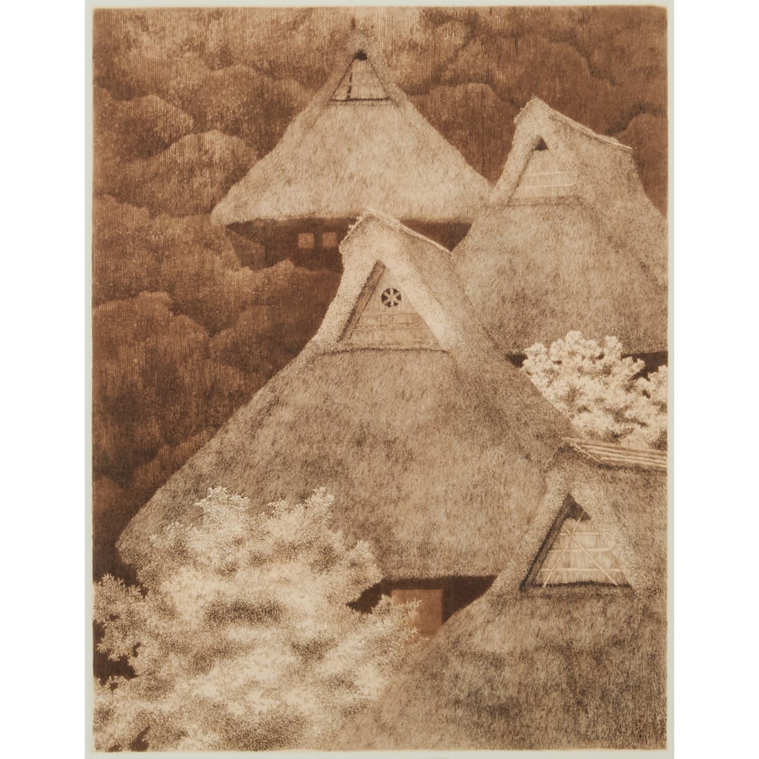 Tanaka Ryohei, Village in Mountain, Etching: Tanaka Ryohei (Japanese, 1933-2019), Village in Mountain, 2006, etching, [approximate dimensions - sight: 15 1/4" H x 11 3/4" W], numbered 7/100, signed, and dated at low margin.