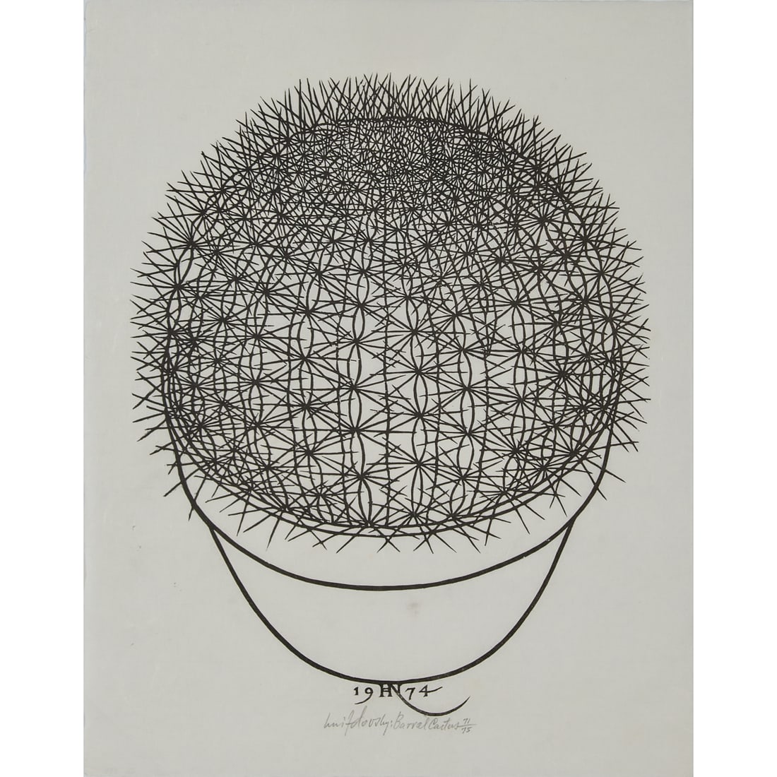 Jacques Hnizdovsky, Barrel Cactus, Woodcut: Jacques Hnizdovsky (Ukrainian/American, 1915-1985), Barrel Cactus, 1974, woodcut, [approximate dimensions - sheet: 18 1/2" H x 14 1/2" W], numbered 71/75, titled, signed, and dated