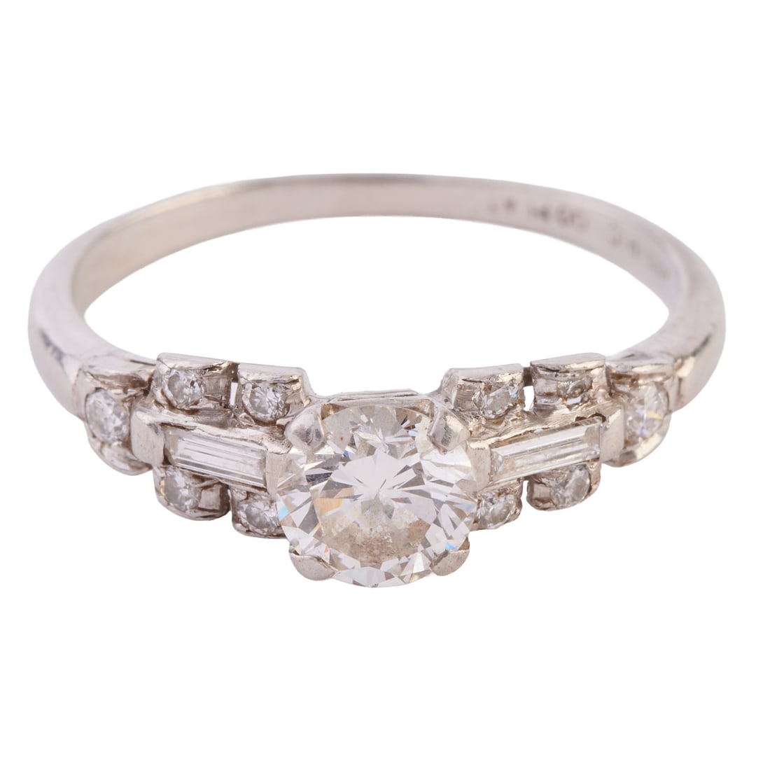 Diamond, Platinum Ring: Diamond, Platinum Ring. Featuring one round brilliant-cut diamond weighing approximately 0.55 ct., accented by two baguette-cut and ten full-cut diamonds weighing a total of approximately 0.15 cttw., 