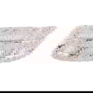 Diamond, 14k White Gold Ring: Diamond, 14k White Gold Ring. Featuring thirty full-cut and thirty-eight tapered baguette-cut diamonds weighing a total of approximately 1.45 cttw., set in a 14k white gold mounting. {Size: 7, Gross W