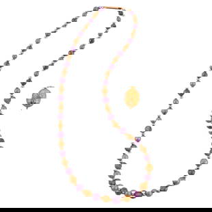 Etruscan Revival Amethyst, 14k Yellow Gold Necklace and Locket: Etruscan Revival Amethyst, 14k Yellow Gold Necklace and Locket. Including one 14k yellow gold egg form locket with granulation motif and measuring approximately 22 x 14 mm together with a faceted amet