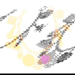 Amethyst, Yellow Gold, Gold-Filled Charm Bracelet: Amethyst, Yellow Gold, Gold-Filled Charm Bracelet. The 14k yellow gold link measuring approximately 3 mm in width, completed by a spring ring clasp, forming a 6 1/2 inch bracelet featuring ten charms