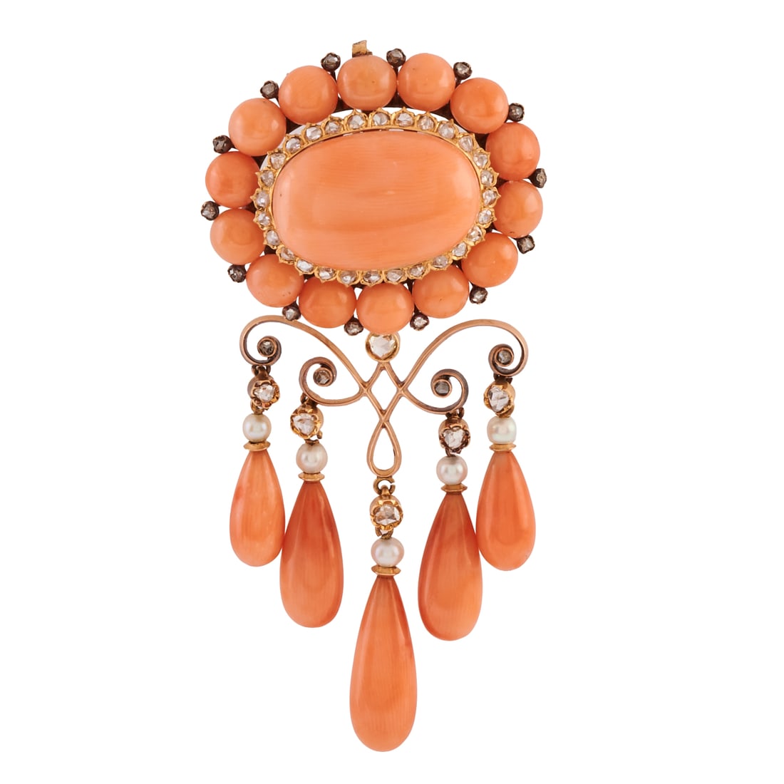 *French Coral, Diamond, Cultured Pearl, 18k Yellow Gold Brooch (1 of 4)