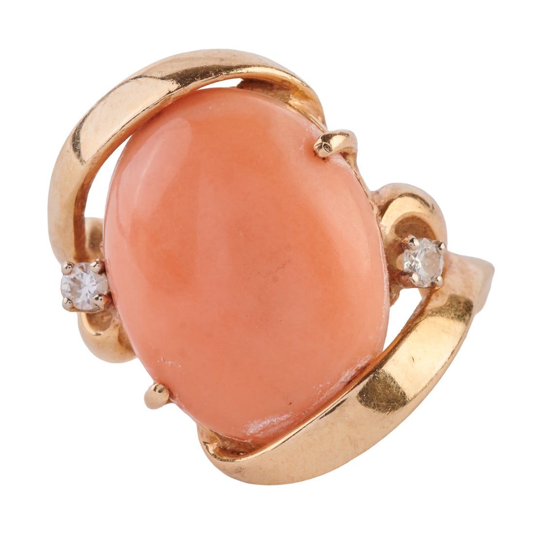 *Coral, Diamond, 14k Yellow Gold Ring: *Coral, Diamond, 14k Yellow Gold Ring. Featuring one oval shaped coral cabochon measuring approximately 15.4 x 11.9 mm, flanked by two full-cut diamonds weighing a total of approximately 0.05 cttw., s