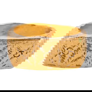 Chinese 24k Yellow Gold Ring: Chinese 24k Yellow Gold Ring. The 24k yellow gold saddle style ring featuring a triple floral motif and measuring approximately 9 mm in width. {Size: 9, Gross Weight: 14.1 dwts}