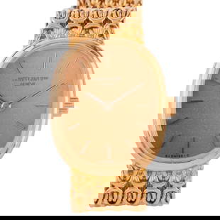 Patek Philippe & Co. Ellipse 18k Yellow Gold Wristwatch: Patek Philippe &amp; Co. Ellipse 18k Yellow Gold Wristwatch. DIAL: Cushion, gold textured, gold and black index hour markers, gold and black baton hands, Patek Philippe, Geneve, Swiss. MOVEMENT: Manua
