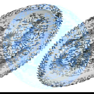 Chinese Porcelain Blue & White Dragon Charger Dish.: Chinese Porcelain Blue &amp; White Dragon Charger Dish.&nbsp; With&nbsp;scalloped rim and painted with stylized fu dogs and stylized dragons amongst clouds of lotus, etc. The base bears a mark.&nbsp;
