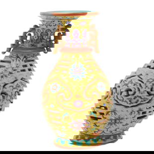 Chinese Porcelain Famille Rose Reticulated Puzzle Vase: Chinese Porcelain Famille Rose Reticulated Puzzle Vase. The baluster form vase with pierced body, the incised patterned yellow ground painted in polychrome enamels with floral decoration. This exo str