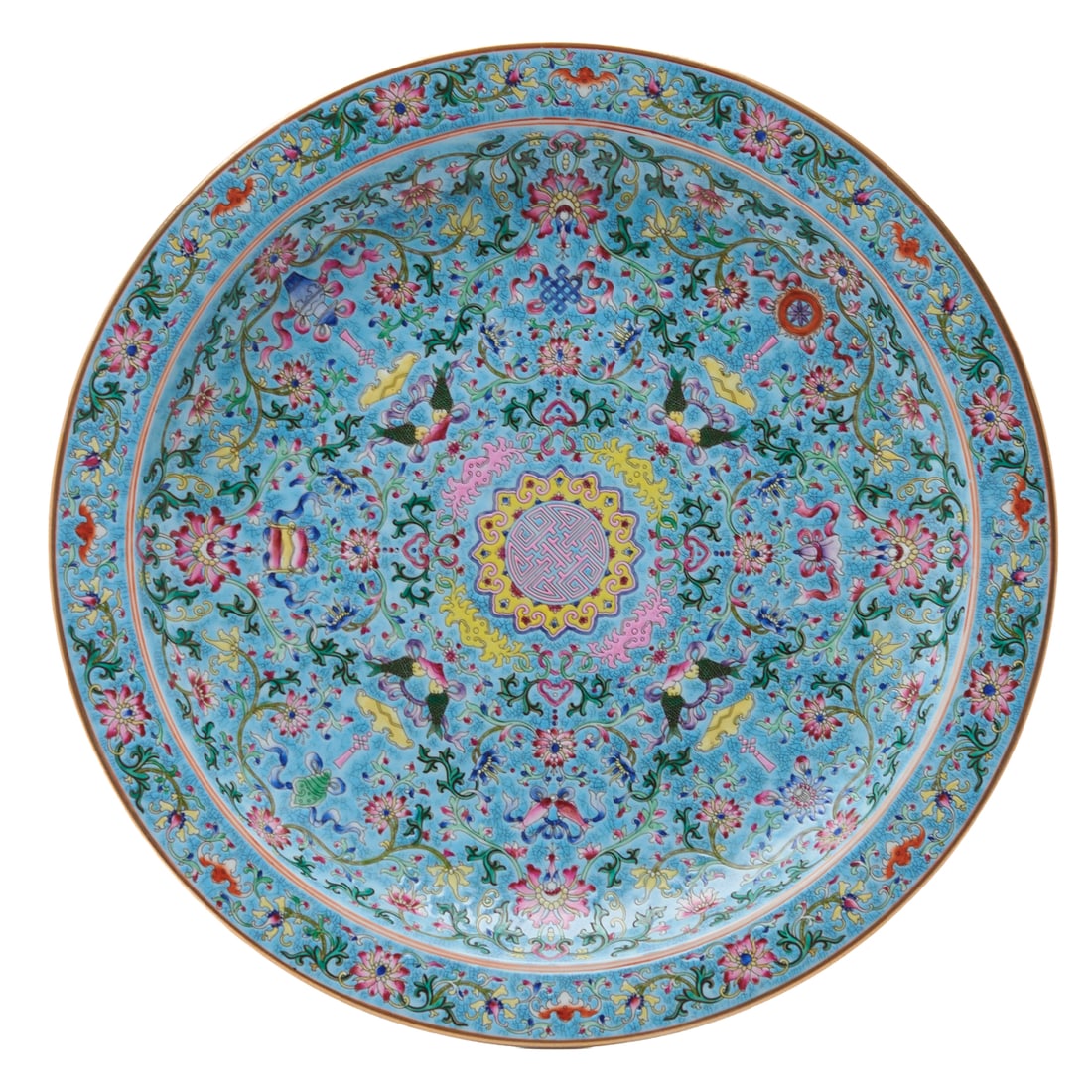 Large Chinese Porcelain Charger.: Large Chinese Porcelain Charger. Featuring a vibrant turquoise ground with intricate floral and bird motifs. The central medallion displays a geometric pattern in pastel hues. The reverse i