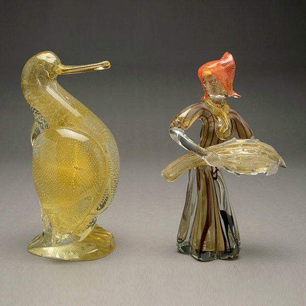 Two Alfredo Barbini Glass Figures.: Two Alfredo Barbini Glass Figures. One duck with controlled bubbles, the other a maiden holding a sheath of wheat.