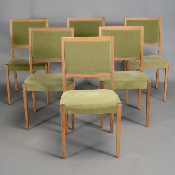 Dunbar Manufactured Chairs.: Dunbar Manufactured Chairs. Designed by Edward Wormley, walnut with green upholstery.
