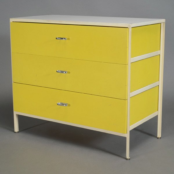 George Nelson Steel Frame Three Drawer Cabinet.: George Nelson Steel Frame Three Drawer Cabinet. Yellow with white frame, manufactured by Herman Miller. Measures approximately 33 inches in width, 19 inches in depth and 29 inches in height.