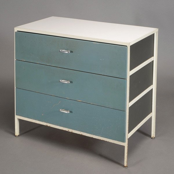 George Nelson Steel Frame Three Drawer Chest.: George Nelson Steel Frame Three Drawer Chest. Turquoise and grey drawers with white frame. Measures approximately 33 inches in width, 19 inches in depth and 29 inches in height.