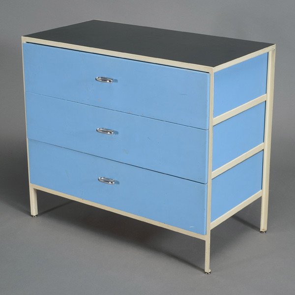George Nelson Steel Frame Three Drawer Cabinet.: George Nelson Steel Frame Three Drawer Cabinet. Turquoise and grey, manufactured by Herman Miller. Measures approximately 33 inches in width, 19 inches in depth and 29 inches in height.