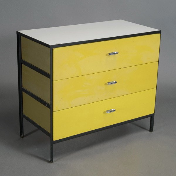 George Nelson Steel Frame Three Drawer Cabinet.: George Nelson Steel Frame Three Drawer Cabinet. Yellow and avacado green with black frame, manufactured by Herman Miller. Measures approximately 33 inches in width, 19 inches in depth and 29 inches in