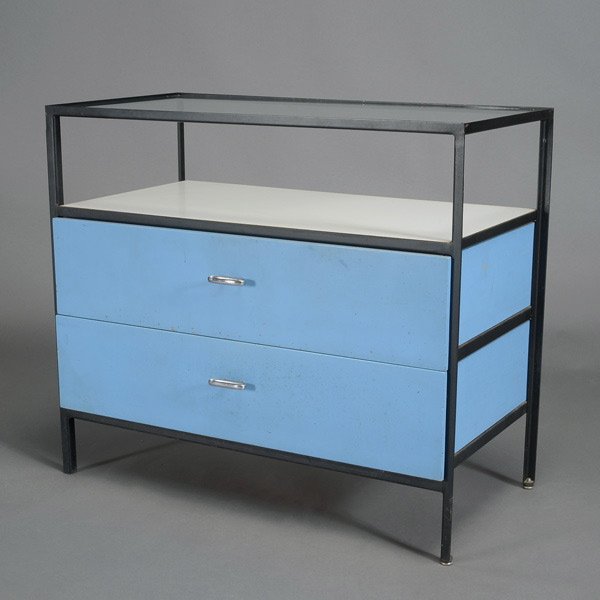 George Nelson Steel Frame Cabinet.: George Nelson Steel Frame Cabinet. With two drawers and glass top. Measures approximately 33 inches in width, 19 inches in depth and 29 inches in height.