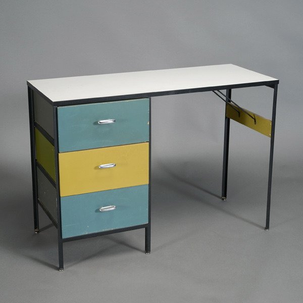 George Nelson Three Drawer Desk.: George Nelson Three Drawer Desk. Turquoise and yellow with white top and black metal. Measures approximately 42 inches in width, 17inches in depth and 29 inches in height.