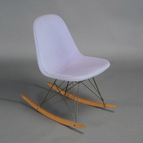 Eames Rocker w/ Wire Basket and Purple Upholstery.: Eames Rocker with Wire Basket and Purple Upholstery.