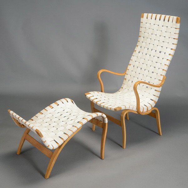 Bruno Mathsson Webbed Eva Chair and Ottoman.: Bruno Mathsson Webbed Eva Chair and Ottoman. Retains original signature from 1940s, with original finish and new strappings. Chair backs measure approximately 44 x 23 inches.