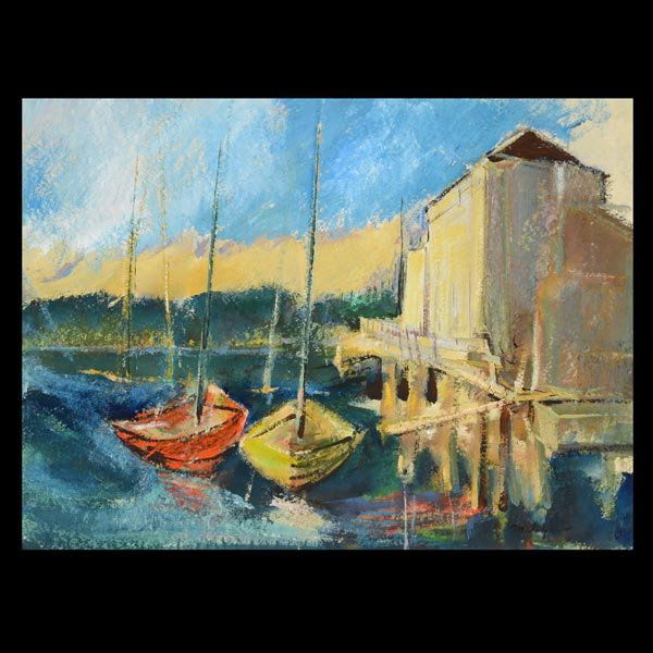 MAURICE LOGAN "Sailboats at Dock" Oil Pastel: MAURICE GEORGE LOGAN (American 1886-1977) "Sailboats at Dock" Oil pastel on paper. 14.5 x 19.75 inches/ 36.8 x 50.2 centimeters. Signed lower right "M. Logan" Frame: 29.25 x 34.25 inches/ 74.3 x 87 ce