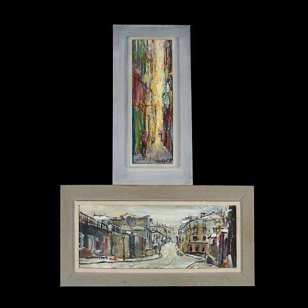 Pascal Cucaro 2 works "Street Scene's" Oil: PASCAL CUCARO (American 1915-2004) Two works: "Street Scene" & "Alleyway" Oil on masonite. Street Scene: 12 x 30 inches/ 30.5 x 76.2 centimeters. Alleyway: 24 x 8 inches/ 61 x 20.4 centimeters. Both s