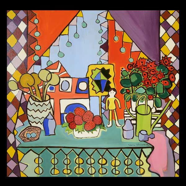 GLORIA VANDERBILT "Table Arrangement, 1971" Oil: GLORIA VANDERBILT (American b.1924) "Table Arrangement, 1971" Oil on canvas. 40 x 40 inches/ 101.6 x 101.6 centimeters. Signed & dated lower right "Gloria Vanderbilt, 1971" Verso: Titled, dated and in