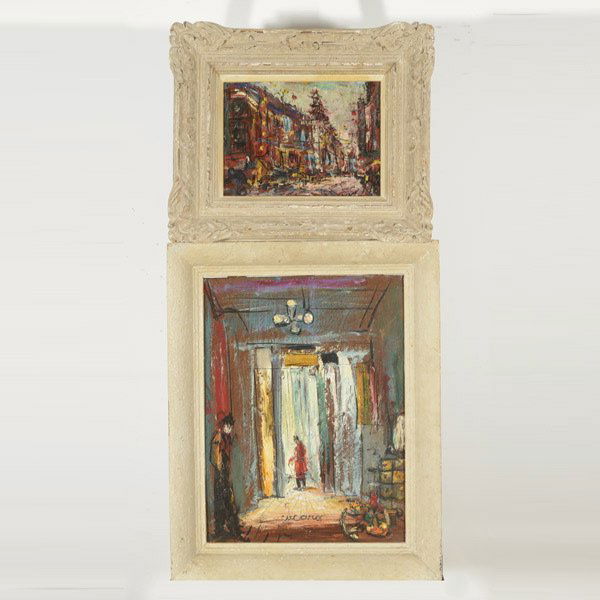 PASCAL CUCARO "City View" & "Man in Doorway": PASCAL CUCARO (American 1915-2004) Two works: "City View" & "Man in Doorway" Oil on masonite. City View: 9 x 12 inches/ 22.8 x 30.5 centimeters. Man in Doorway: 20 x 15 inches/ 50.8 x 38 centimeters.