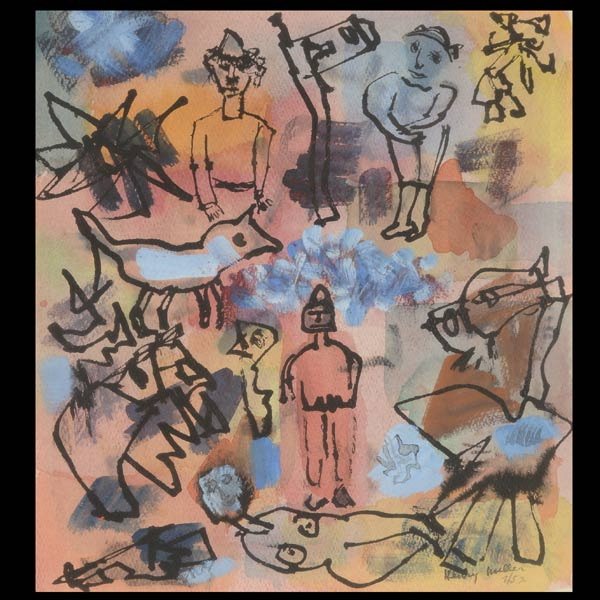HENRY MILLER "Composition, 1952" Watercolor: HENRY MILLER (American 1891-1980) "Composition, 1952" Watercolor on paper. Sight: 13 x 10 inches/ 33 x 25.4 centimeters. Signed & dated lower right "Henry Miller, 2/52" Verso: Label from Garden City G