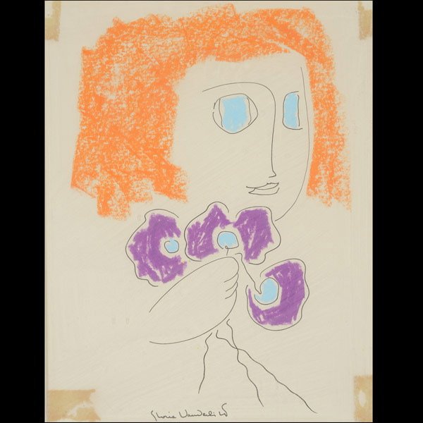 GLORIA VANDERBILT "Woman with Purple Flowers" : GLORIA VANDERBILT (American b.1924) "Portrait of a Woman with Purple Flowers" Crayon & ink. Sight: 13.5 x 10.5 inches/ 34.3 x 26.6 centimeters. Signed lower center "Gloria Vanderbilt" Frame: 20.25 x 1