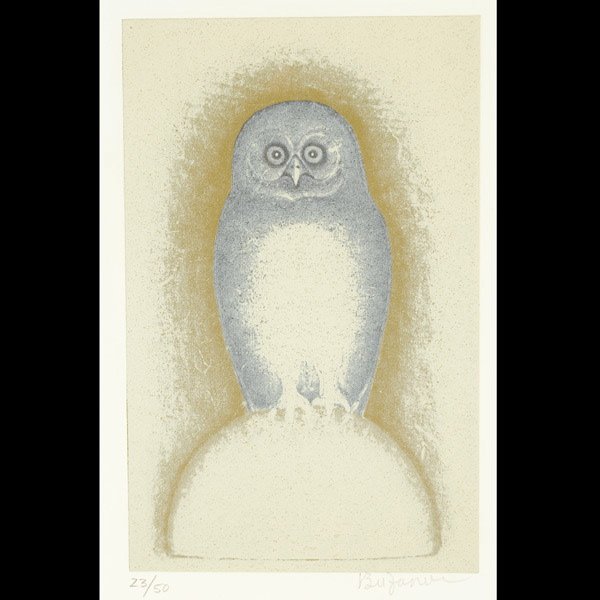 BENIAMINO BUFANO "Owl" Lithograph : BENIAMINO BENVENUTO BUFANO (American 1898-1970) "Owl" Lithograph on paper. Image: 11 x 7 inches/ 28 x 17.8 centimeters. Signed in pencil lower right "Bufano" Numbered lower left "23/50" Frame: 20.5 x 