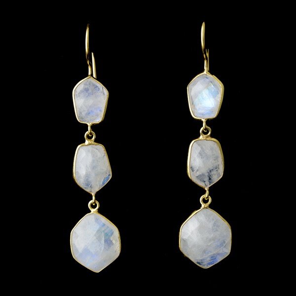 MOONSTONE, STERLING SILVER VERMEIL EARRINGS.: PAIR OF MOONSTONE, STERLING SILVER VERMEIL EARRINGS. Featuring three faceted moonstones measuring approximately between 10 x 12 mm to 15 x 17 mm bezel set. Earrings are 2 3/4 inches in length.