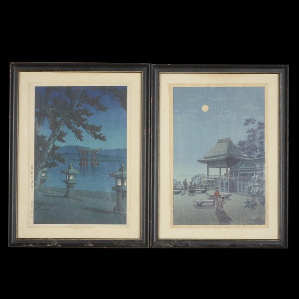 Two Japanese Woodcuts, Hasui and Koitsu: Two Japanese Woodcuts, The first titled 'Miyajima by Moonlight' by Hasui Kawase, the other titled 'Autumn Moon at Ishiyama Temple' by Koitsu Tsuchiya, both framed and glazed. {14 1/4 x 9 1/2 inches (3
