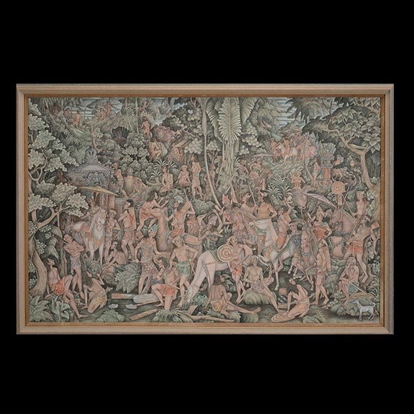 A Framed Balinese Painting: A Balinese Painting, oil on linen, framed, the lower right signed 'JMO Loteng, uouo, Bali' {34 x 51 1/2 inches (86.4 x 130.8 cm)}